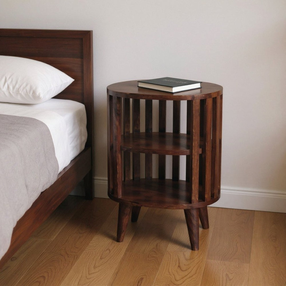 HomeRoots 22" Chestnut Solid Wood Oval Nightstand with Two Shelves - Handcrafted, Versatile & Space-Saving Design 651534