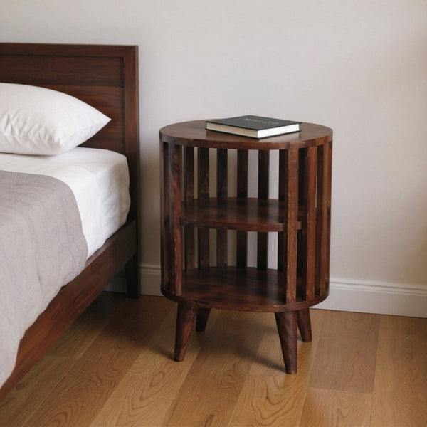HomeRoots 22" Chestnut Solid Wood Oval Nightstand with Two Shelves - Handcrafted, Versatile & Space-Saving Design 651534