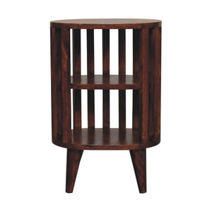 HomeRoots 22" Chestnut Solid Wood Oval Nightstand with Two Shelves - Handcrafted, Versatile & Space-Saving Design 651534