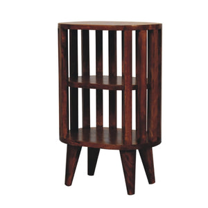 HomeRoots 22" Chestnut Solid Wood Oval Nightstand with Two Shelves - Handcrafted, Versatile & Space-Saving Design 651534