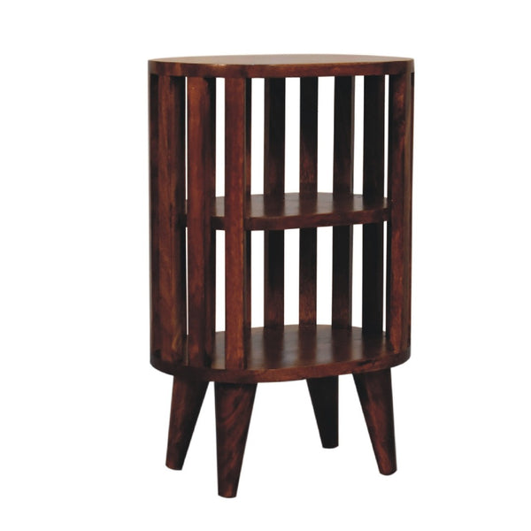 HomeRoots 22" Chestnut Solid Wood Oval Nightstand with Two Shelves - Handcrafted, Versatile & Space-Saving Design 651534
