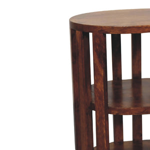 HomeRoots 22" Chestnut Solid Wood Oval Nightstand with Two Shelves - Handcrafted, Versatile & Space-Saving Design 651534