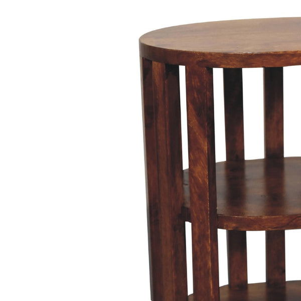 HomeRoots 22" Chestnut Solid Wood Oval Nightstand with Two Shelves - Handcrafted, Versatile & Space-Saving Design 651534