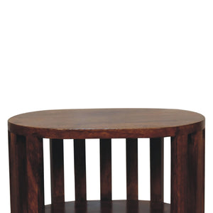 HomeRoots 22" Chestnut Solid Wood Oval Nightstand with Two Shelves - Handcrafted, Versatile & Space-Saving Design 651534