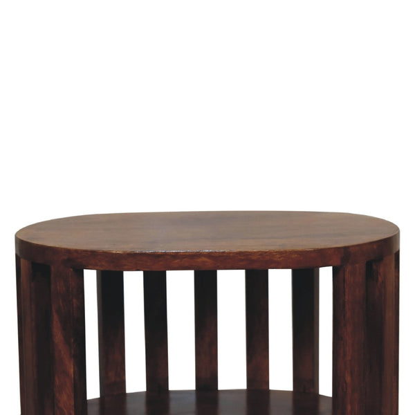 HomeRoots 22" Chestnut Solid Wood Oval Nightstand with Two Shelves - Handcrafted, Versatile & Space-Saving Design 651534