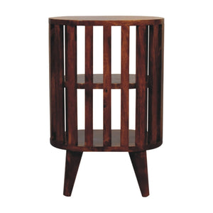 HomeRoots 22" Chestnut Solid Wood Oval Nightstand with Two Shelves - Handcrafted, Versatile & Space-Saving Design 651534