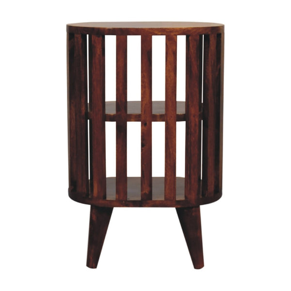 HomeRoots 22" Chestnut Solid Wood Oval Nightstand with Two Shelves - Handcrafted, Versatile & Space-Saving Design 651534