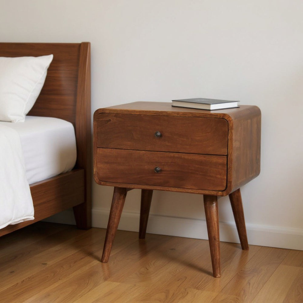 HomeRoots 24" Chestnut Solid Mango Wood Nightstand - Handcrafted Two-Drawer Table for Timeless Bedroom Style 651536