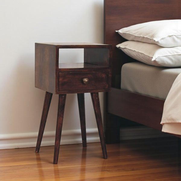 HomeRoots 22" Walnut Nightstand - Handcrafted Solid Wood with Drawer & Open Shelf for Stylish Storage Solutions 651539