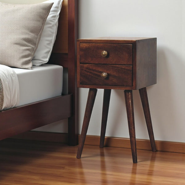 HomeRoots 22" Walnut Solid Wood Nightstand with Two Drawers - Artisan Craftsmanship for Versatile Living Spaces 651540