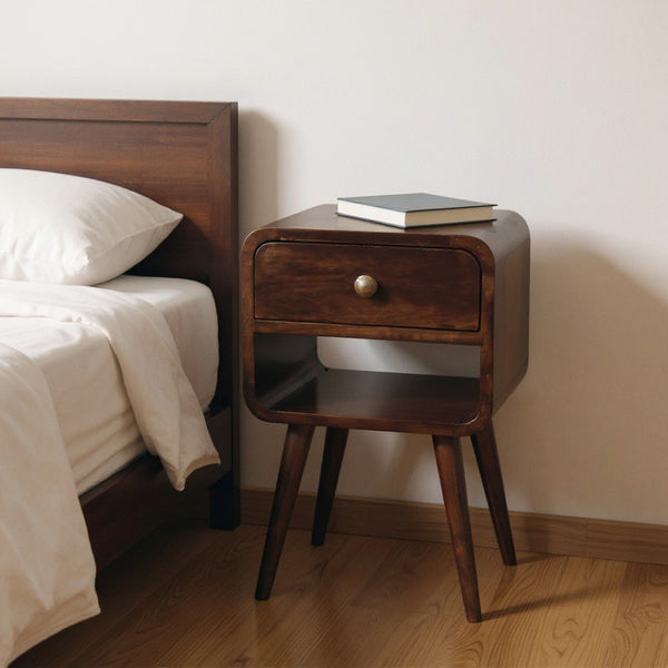HomeRoots 22" Handcrafted Walnut-Finish Solid Mango Wood Nightstand with Drawer & Open Shelf for Storage 651541