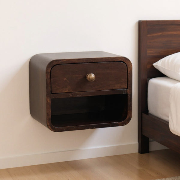 HomeRoots 16" Walnut Floating Nightstand - Handcrafted Round Design with Drawer & Open Shelf for Storage 651542