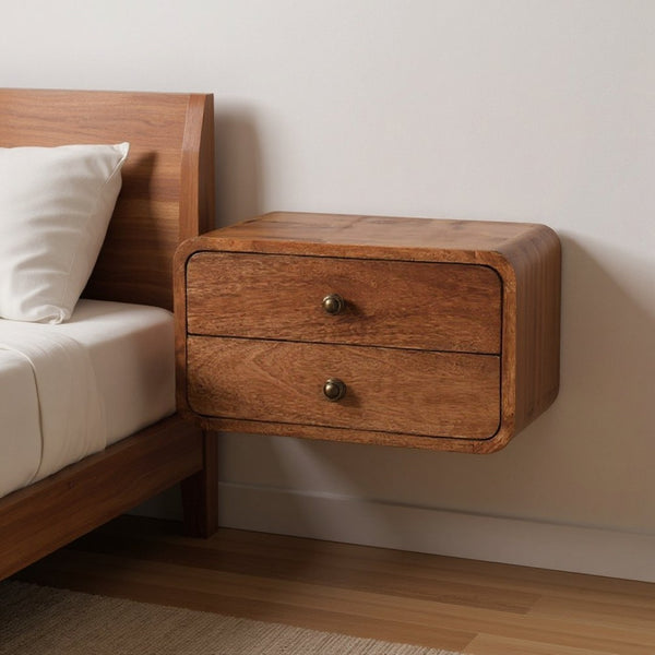 HomeRoots 18" Brown Solid Wood Floating Nightstand with Two Drawers - Stylish Space-Saving Design & Storage 651543