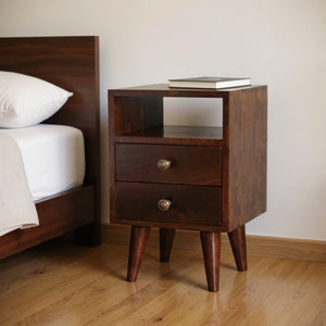 HomeRoots 20" Solid Walnut Two Drawer Nightstand - Handcrafted, Compact Storage with Open Shelf & Stylish Design 651544
