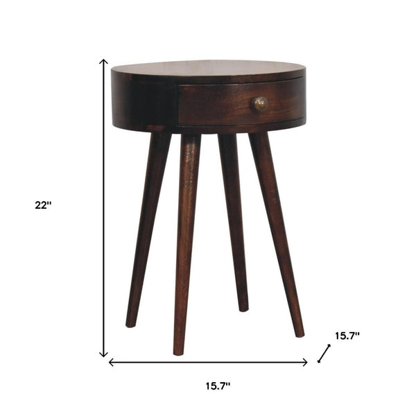 HomeRoots 22" Walnut Solid Wood Round Nightstand with Drawer - Handcrafted Modern Accent Table for Any Space 651545