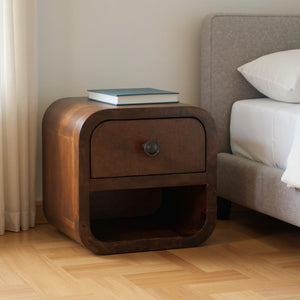 HomeRoots 8" Dark Brown Solid Wood Nightstand with Drawer & Open Shelf – Compact Storage Solution for Any Room 651548