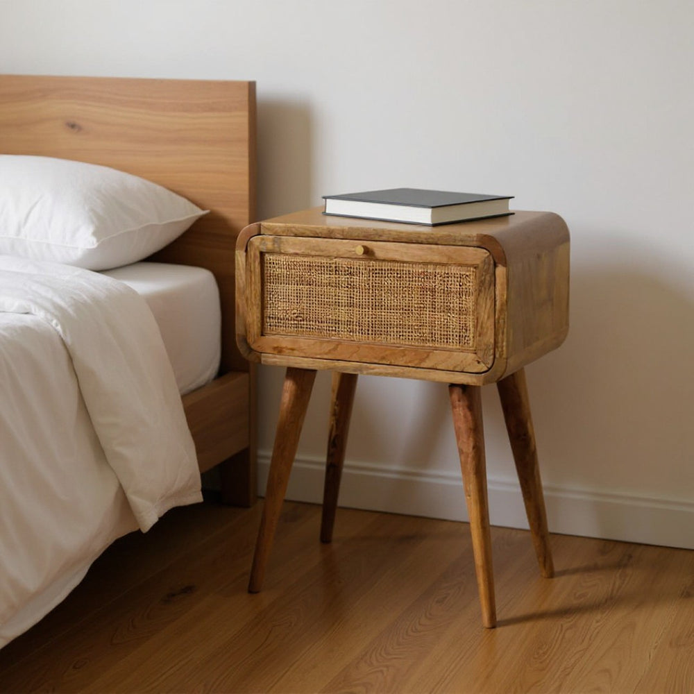 HomeRoots 21" Handcrafted Solid Wood and Cane Rattan Nightstand with Hidden Drawer for Small Spaces 651550