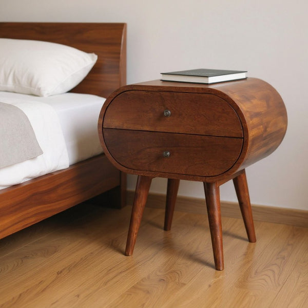 HomeRoots 24" Chestnut Solid Wood Oval Nightstand - Handcrafted Two-Drawer Table for Elegant Storage Solutions 651552
