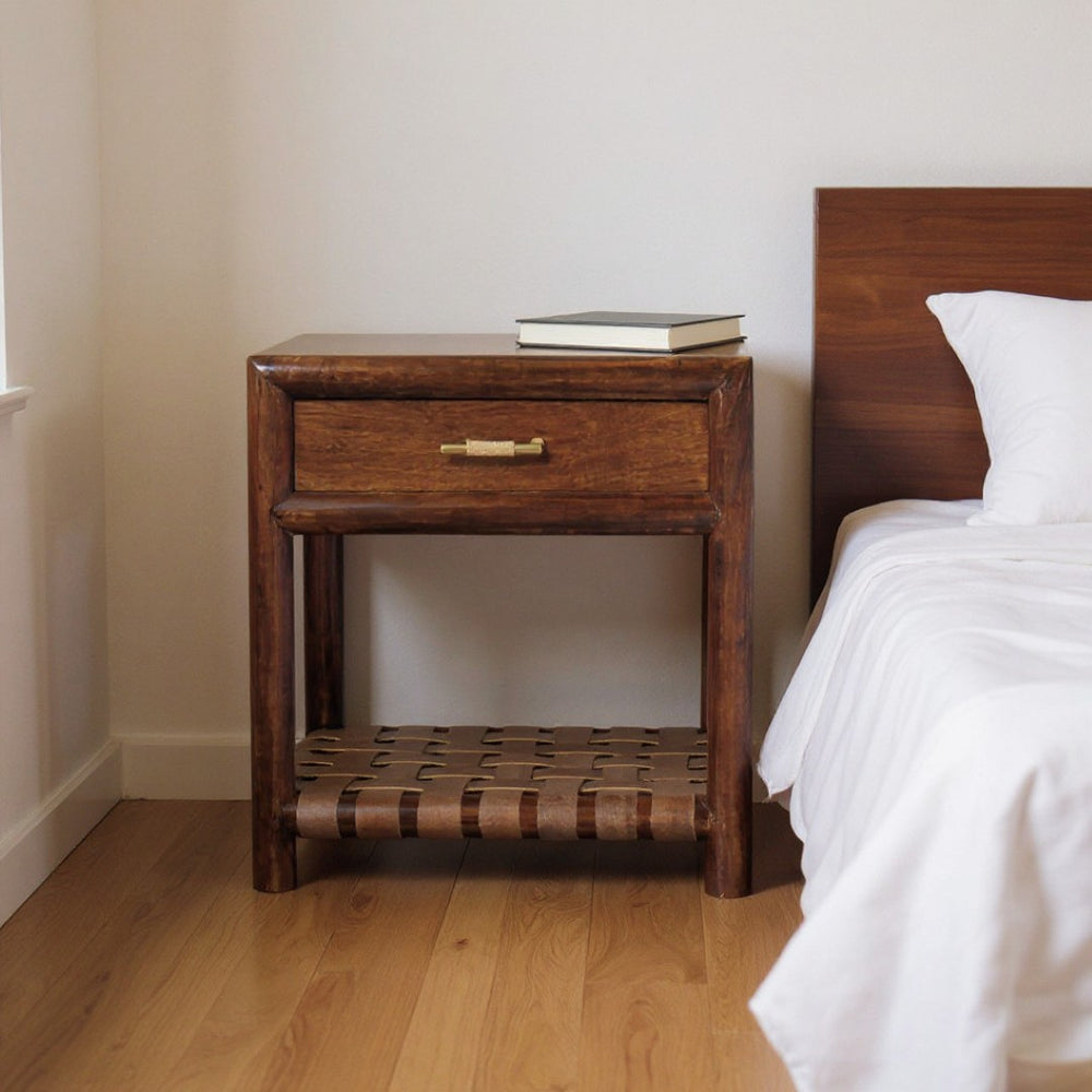 HomeRoots 20" Chestnut Solid Wood Nightstand with Leather Shelf - Stylish Storage for Small Spaces & Decor 651553