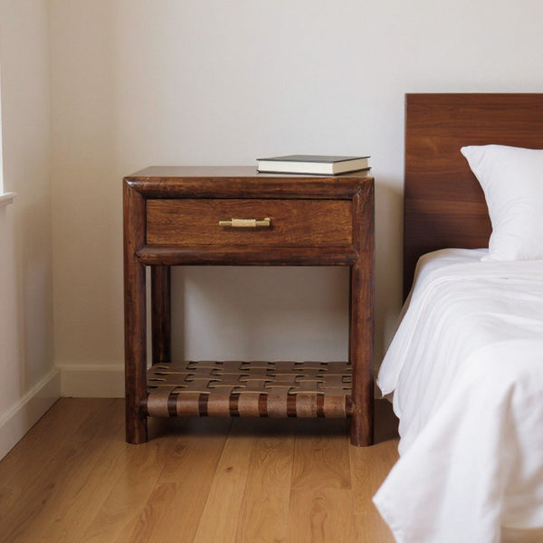 HomeRoots 20" Chestnut Solid Wood Nightstand with Leather Shelf - Stylish Storage for Small Spaces & Decor 651553