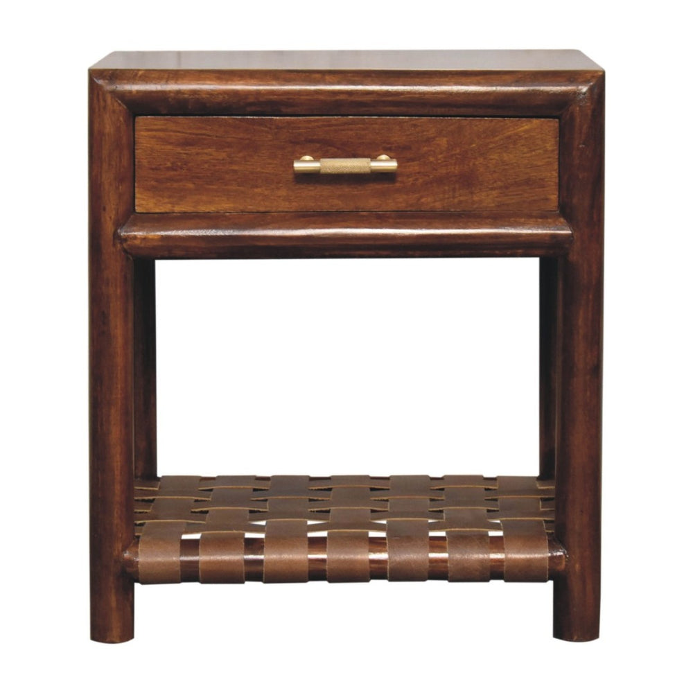 HomeRoots 20" Chestnut Solid Wood Nightstand with Leather Shelf - Stylish Storage for Small Spaces & Decor 651553