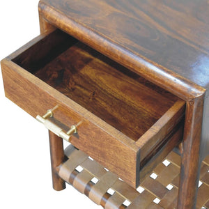 HomeRoots 20" Chestnut Solid Wood Nightstand with Leather Shelf - Stylish Storage for Small Spaces & Decor 651553