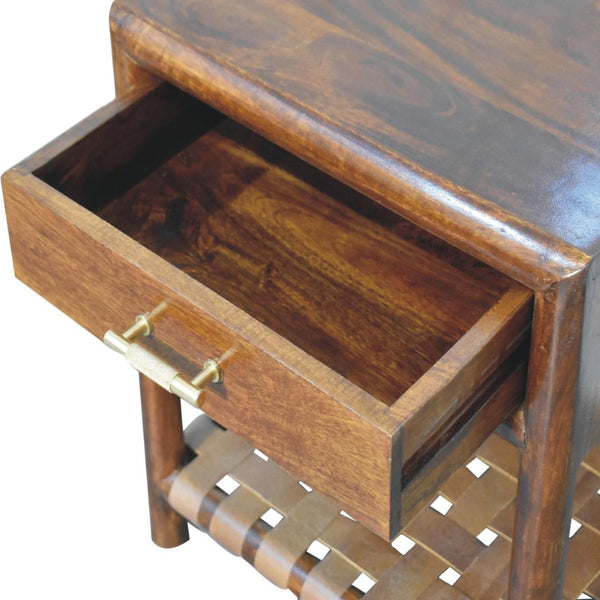 HomeRoots 20" Chestnut Solid Wood Nightstand with Leather Shelf - Stylish Storage for Small Spaces & Decor 651553