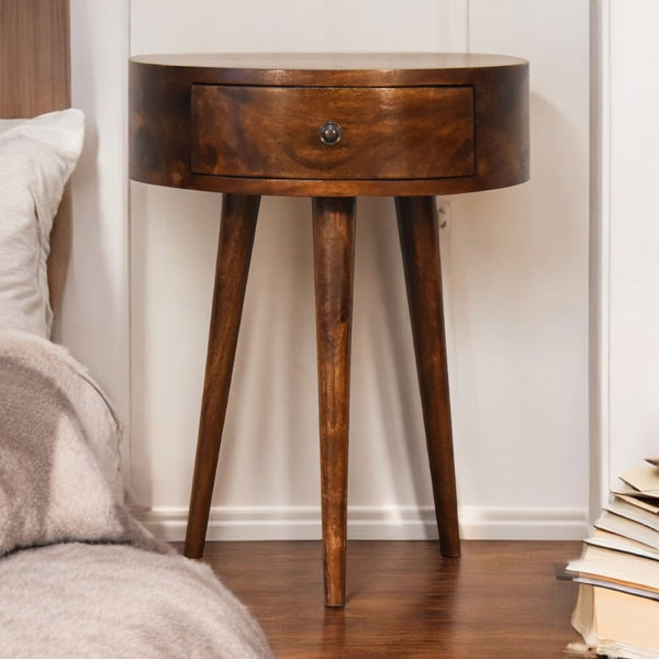 HomeRoots 21" Brown Solid Wood Round Nightstand with Drawer - Elegant Accent Table for Any Room Decor 651556