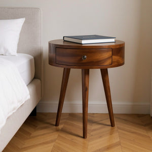 HomeRoots 21" Brown Solid Wood Round Nightstand with Drawer - Elegant Accent Table for Any Room Decor 651556
