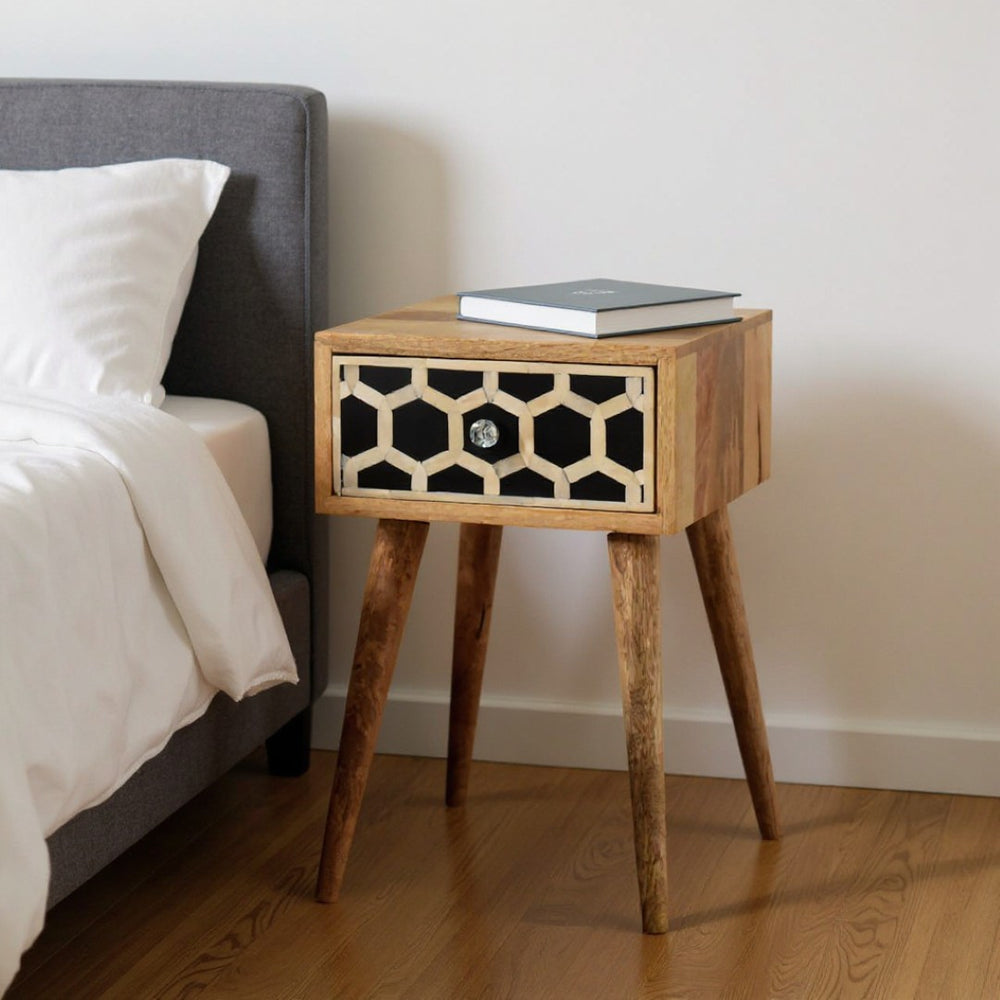 HomeRoots 20" Handcrafted Solid Wood Nightstand with Geometric Bone Inlay - Stylish Storage for Small Spaces 651557