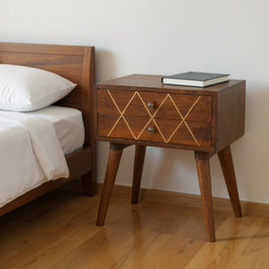 HomeRoots 22" Chestnut Mango Wood Nightstand with Brass Geometric Inlay – Stylish Two-Drawer Accent Table 651558