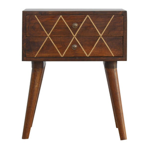 HomeRoots 22" Chestnut Mango Wood Nightstand with Brass Geometric Inlay – Stylish Two-Drawer Accent Table 651558