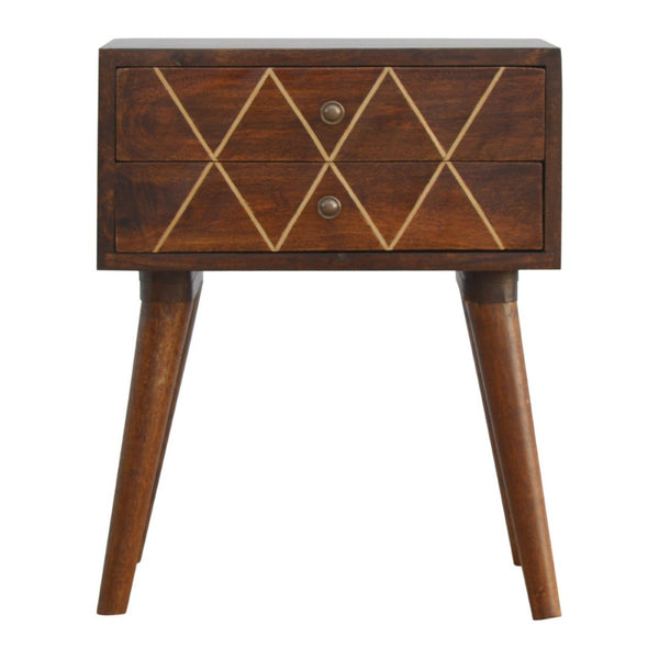 HomeRoots 22" Chestnut Mango Wood Nightstand with Brass Geometric Inlay – Stylish Two-Drawer Accent Table 651558