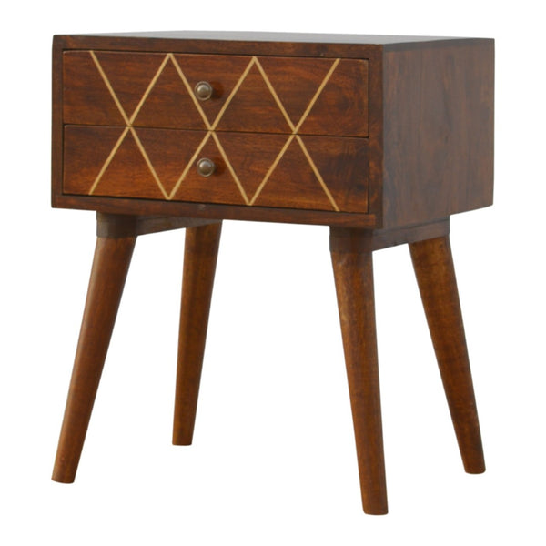 HomeRoots 22" Chestnut Mango Wood Nightstand with Brass Geometric Inlay – Stylish Two-Drawer Accent Table 651558
