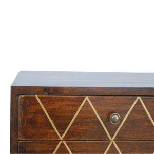 HomeRoots 22" Chestnut Mango Wood Nightstand with Brass Geometric Inlay – Stylish Two-Drawer Accent Table 651558