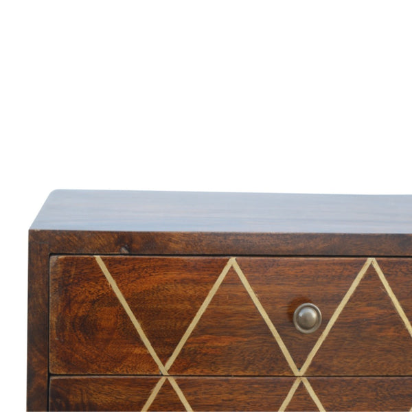 HomeRoots 22" Chestnut Mango Wood Nightstand with Brass Geometric Inlay – Stylish Two-Drawer Accent Table 651558