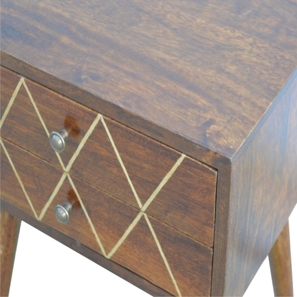 HomeRoots 22" Chestnut Mango Wood Nightstand with Brass Geometric Inlay – Stylish Two-Drawer Accent Table 651558