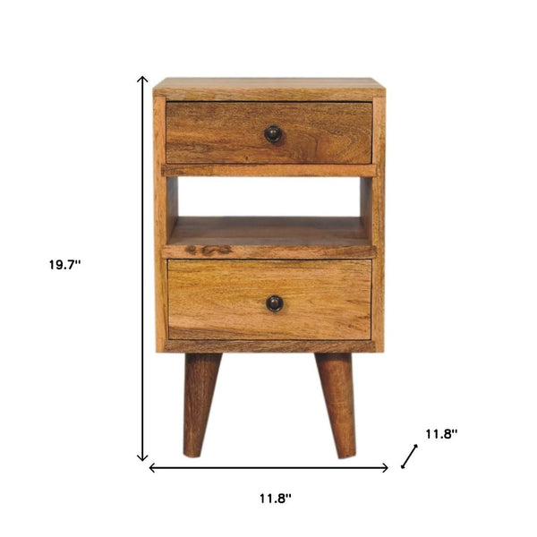 HomeRoots 20" Handcrafted Oak Solid Wood Nightstand with 2 Drawers, Open Shelf & Modern Design for Any Space 651560