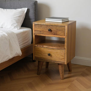 HomeRoots 20" Handcrafted Oak Solid Wood Nightstand with 2 Drawers, Open Shelf & Modern Design for Any Space 651560