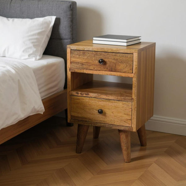 HomeRoots 20" Handcrafted Oak Solid Wood Nightstand with 2 Drawers, Open Shelf & Modern Design for Any Space 651560
