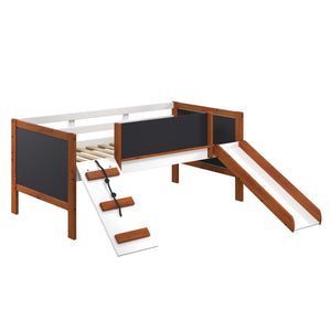 English Elm Aurea Cherry Oak & White Twin Loft Bed with Slide, Built-In Chalkboards, Storage Toy Boxes, Ladder B2726S00077