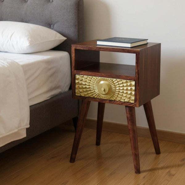 HomeRoots 23" Chestnut Solid Wood Nightstand: Modern Design with Drawer & Open Shelf for Versatile Storage Solutions 651562