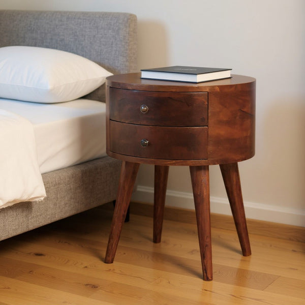 HomeRoots 20" Brown Solid Wood Round Nightstand with Two Drawers – Stylish Storage for Bedroom & Living Spaces 651563