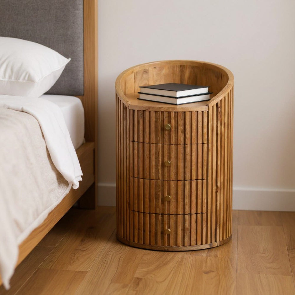 HomeRoots 26" Handcrafted Light Brown Round Nightstand with Four Drawers - Modern Ribbed Design for Style & Storage 651565