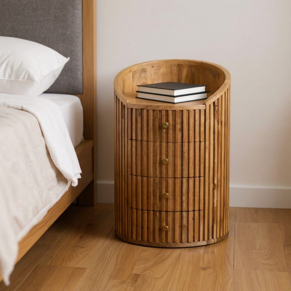 HomeRoots 26" Handcrafted Light Brown Round Nightstand with Four Drawers - Modern Ribbed Design for Style & Storage 651565
