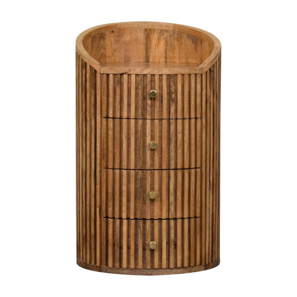 HomeRoots 26" Handcrafted Light Brown Round Nightstand with Four Drawers - Modern Ribbed Design for Style & Storage 651565