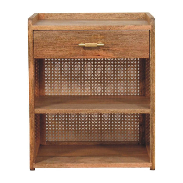 HomeRoots 23" Solid Mango Wood Nightstand with Cane Rattan Back, Drawer & Open Shelves for Stylish Storage 651567
