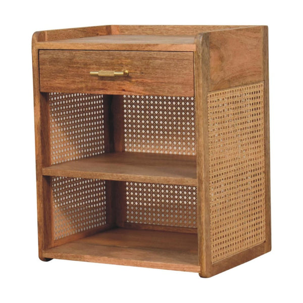 HomeRoots 23" Solid Mango Wood Nightstand with Cane Rattan Back, Drawer & Open Shelves for Stylish Storage 651567