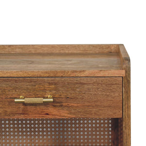HomeRoots 23" Solid Mango Wood Nightstand with Cane Rattan Back, Drawer & Open Shelves for Stylish Storage 651567