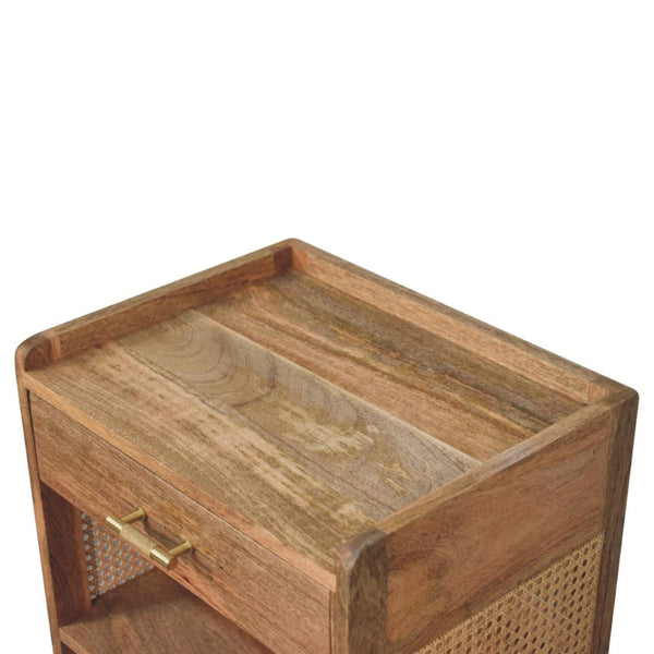 HomeRoots 23" Solid Mango Wood Nightstand with Cane Rattan Back, Drawer & Open Shelves for Stylish Storage 651567